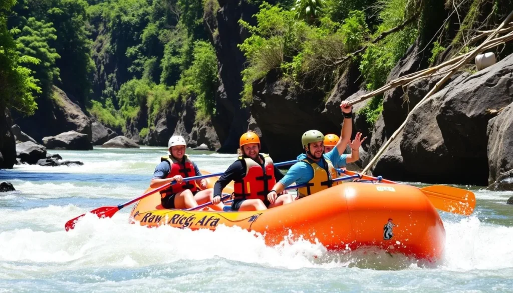 White water rafting adventure on the Tully River with participants navigating rapids surrounded by rainforest