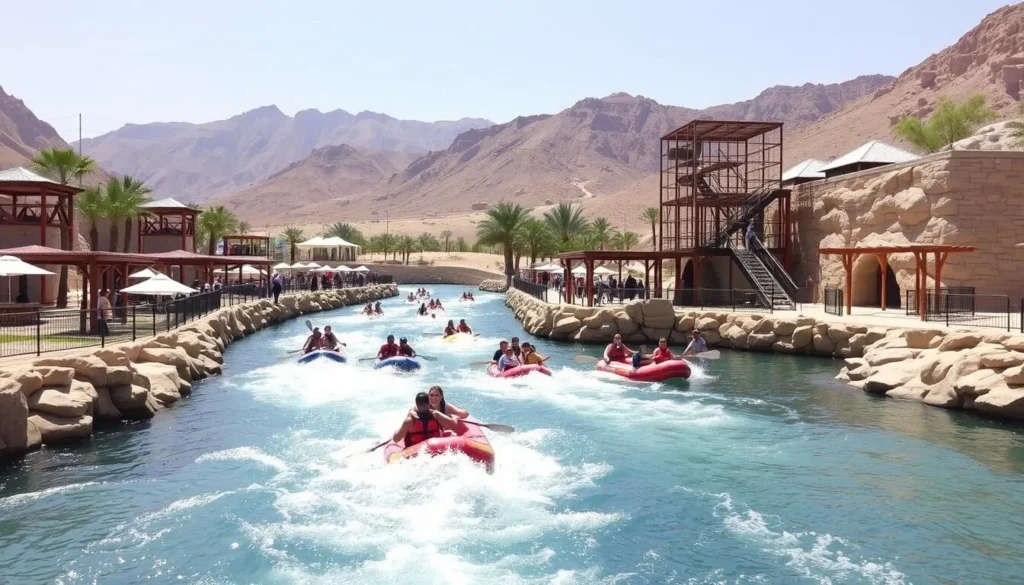 White water rafting and adventure activities at Wadi Adventure park with Jebel Hafeet in background