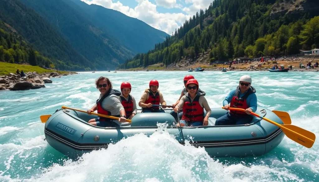 White water rafting on the Mo Chhu River with rafters navigating rapids surrounded by mountains