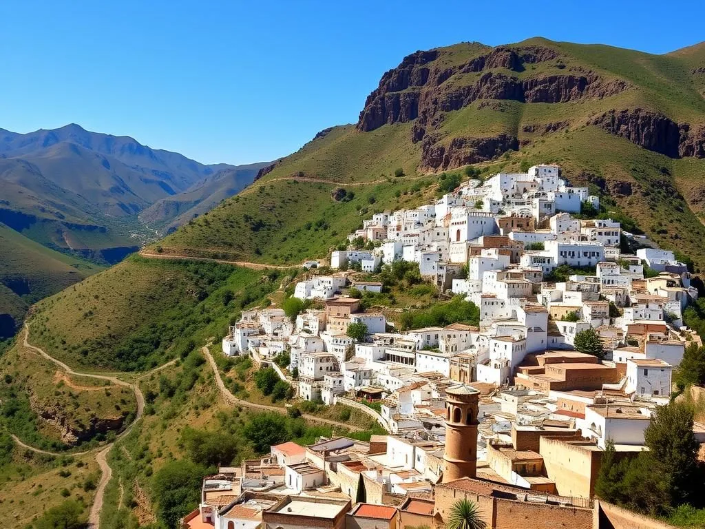 Whitewashed buildings of Moulay Idriss Zerhoun sacred town built on mountainside