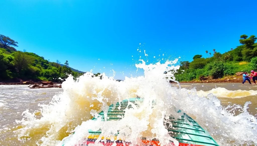 Whitewater rafting on the White Nile River near Nimule, South Sudan showing rapids and adventure
