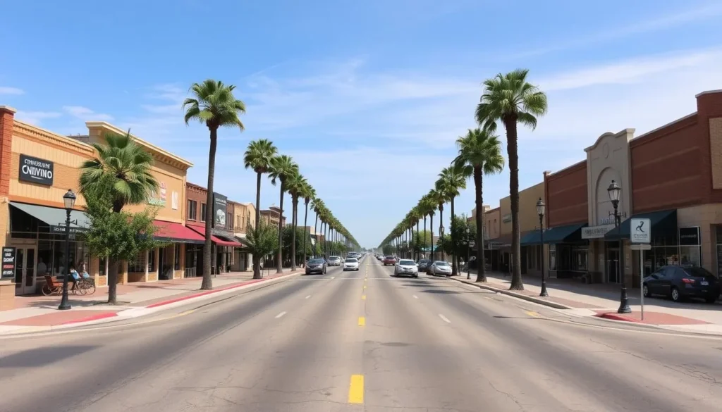 Wide streets of downtown Odessa, Texas with local businesses and minimal traffic