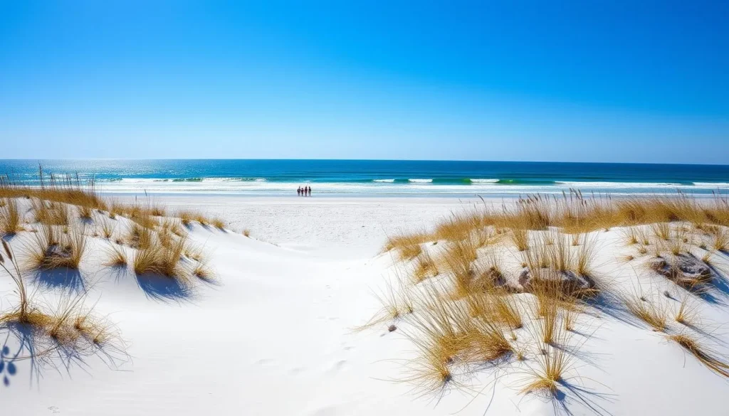 Wide view of Sullivan's Island beach with dunes and natural vegetation