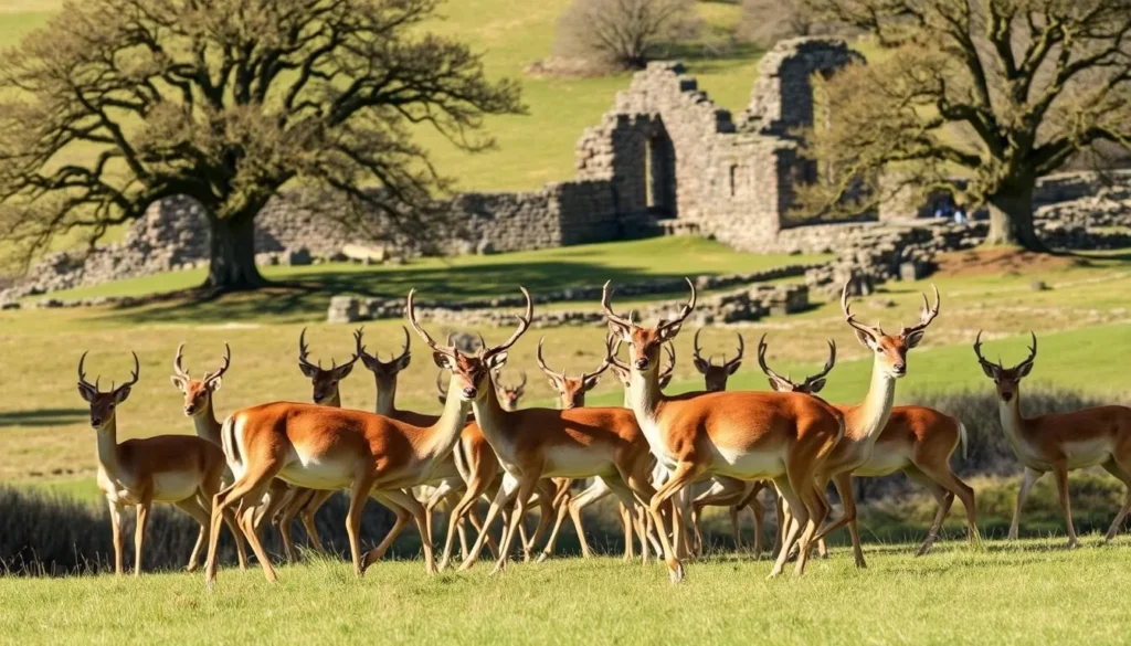Wild deer roaming freely in Bradgate Park with ancient ruins visible in the background