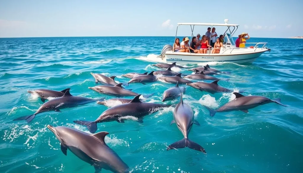 Wild dolphins swimming near a tour boat at Isla Cerralvo