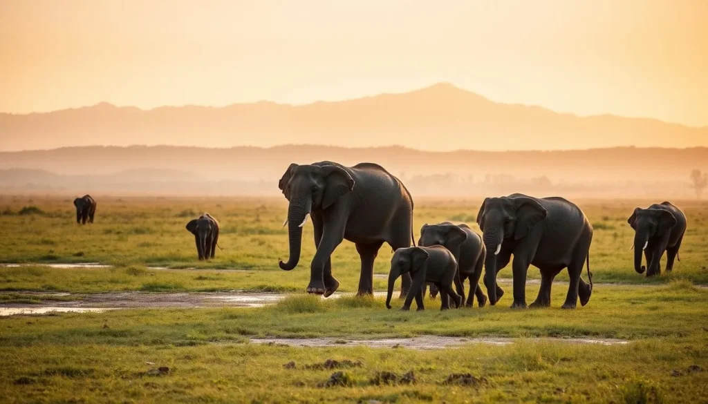 Wild elephants at Udawalawe National Park with mountains in the background