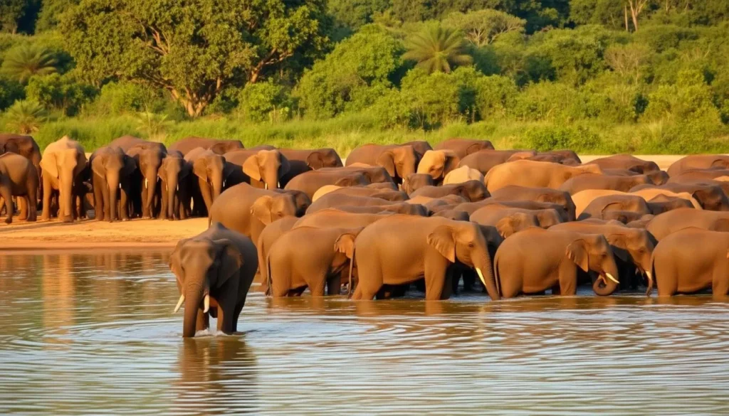 Wild elephants gathering at a water reservoir in Minneriya National Park near Nilaveli