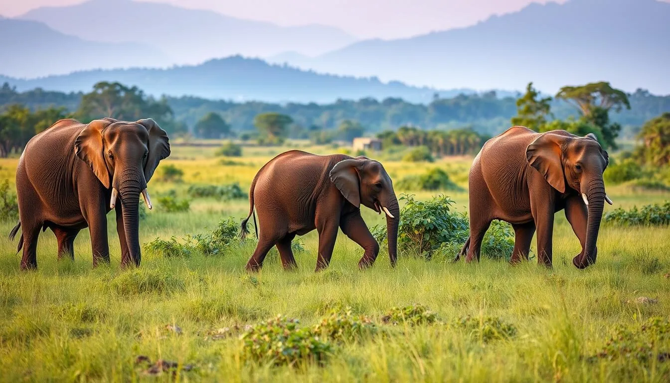 Wild elephants roaming in Wasgamuwa National Park, Sri Lanka with lush green vegetation and mountains in background