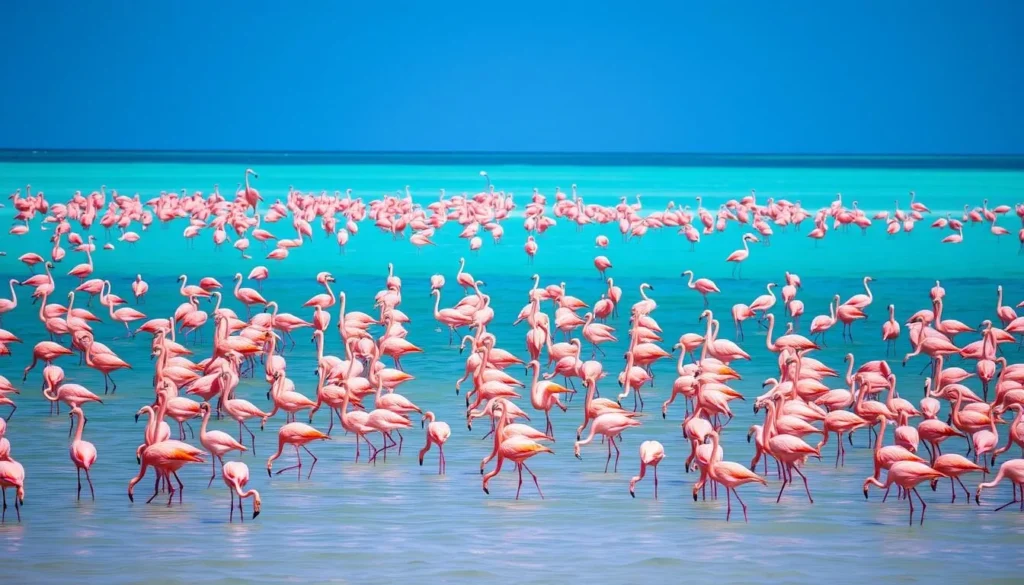 Wild flamingos wading in shallow waters at Celestun Biosphere Reserve near Quintana Roo, Mexico