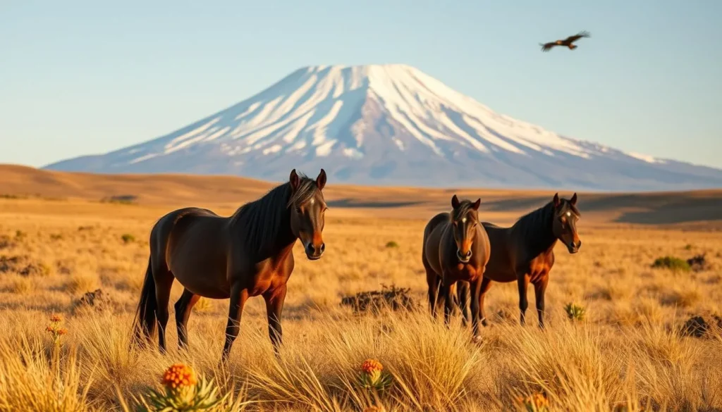 Wild horses grazing in the páramo grasslands of Cotopaxi National Park with the volcano in the background