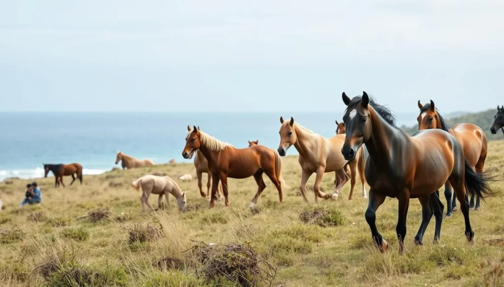 Wild horses roaming freely on Delft Island's grasslands