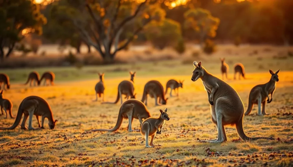Wild kangaroos grazing at sunset in an open field on Kangaroo Island