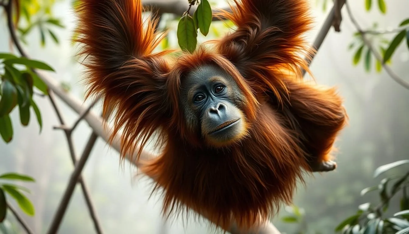 Wild orangutan hanging from tree branches in Tanjung Puting National Park, Indonesia