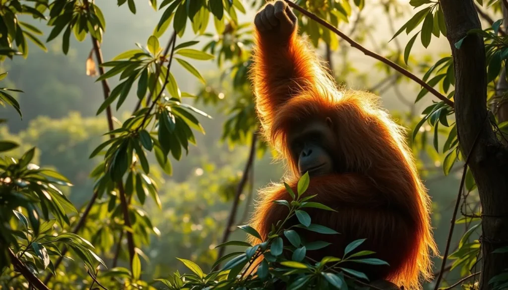 Wild orangutan in the canopy of Mount Leuser National Park Wild orangutan in the canopy of Mount Leuser National Park