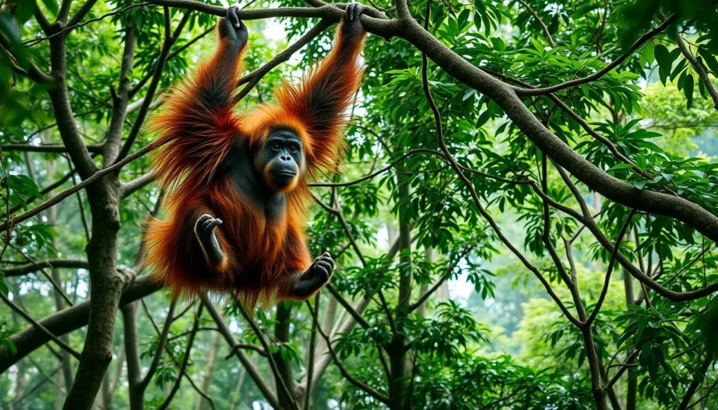 Wild orangutan in the canopy of Mount Palung National Park, swinging between trees