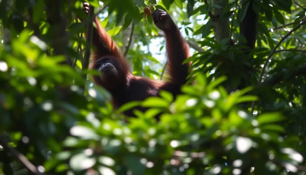 Wild orangutan in the trees at Bukit Lawang rainforest, North Sumatra Wild orangutan in the trees at Bukit Lawang rainforest, North Sumatra