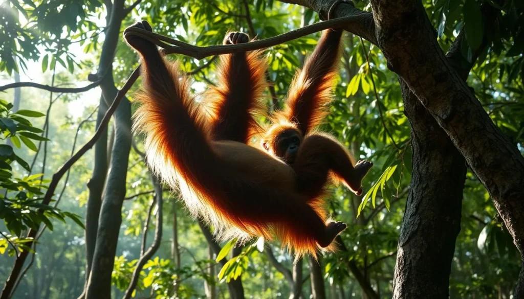 Wild orangutan swinging through trees in Kutai National Park