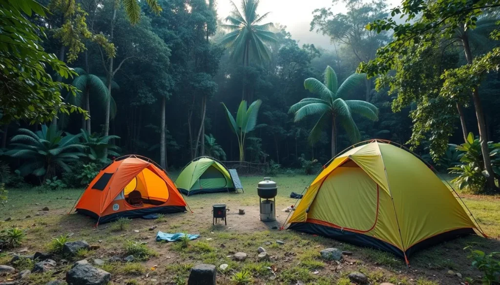 Wilderness camping setup in Marolambo National Park with tents surrounded by lush forest