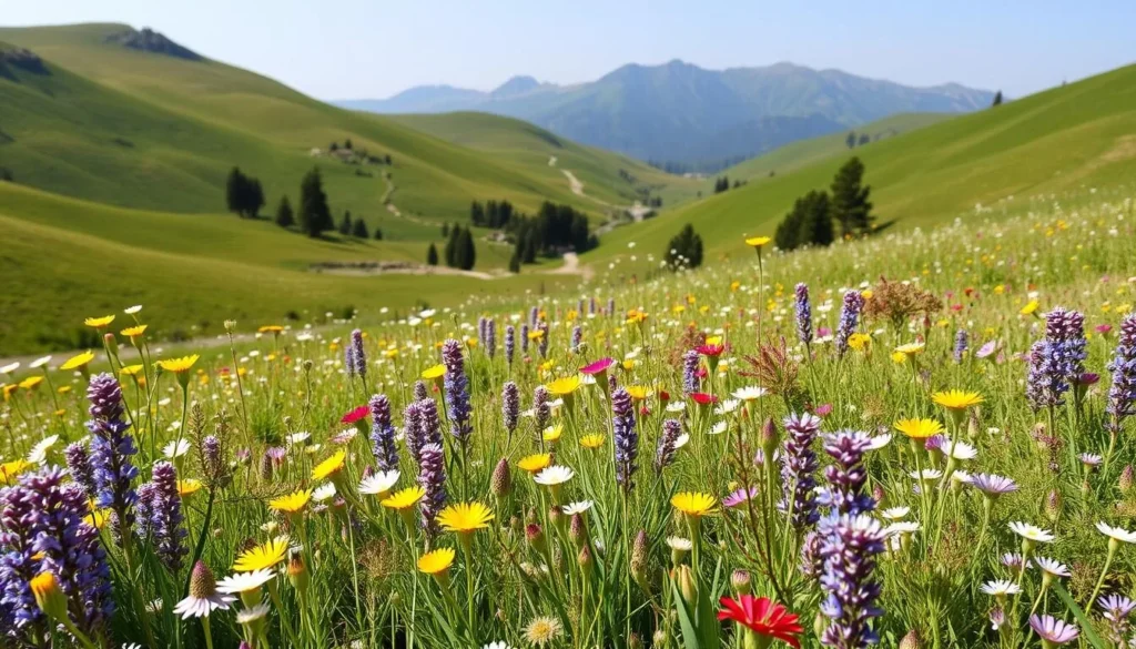 Wildflowers and natural landscape in the mountains around Bcharri during spring