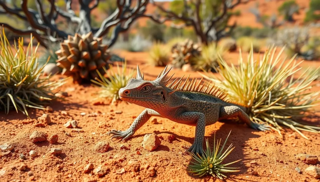 Wildlife and native plants in Watarrka National Park including a thorny devil lizard on red sand