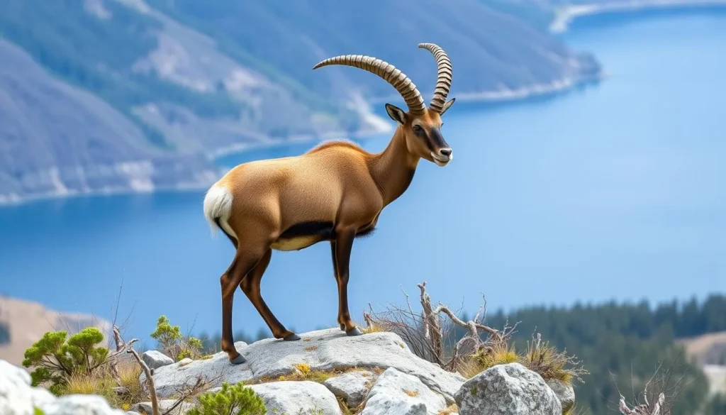 Wildlife at Lake Khubsugul - an ibex standing on a rocky outcrop with the lake in the background