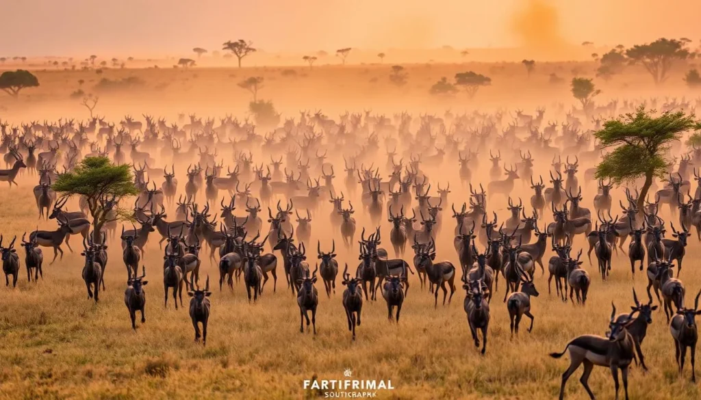 Wildlife migration in Boma National Park, South Sudan with thousands of antelope crossing the savanna
