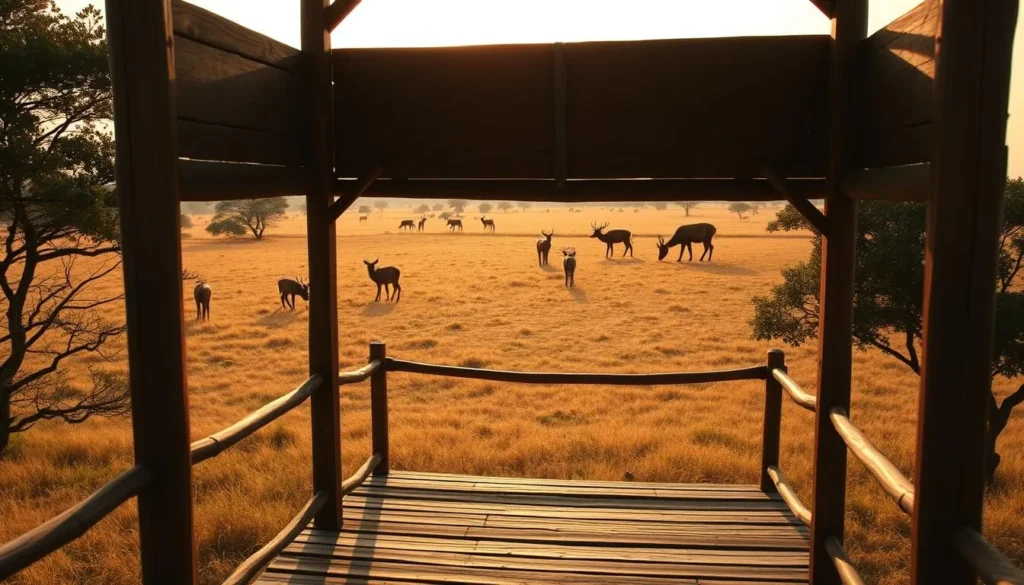 Wildlife observation tower at Sadengan Savannah with deer in the distance