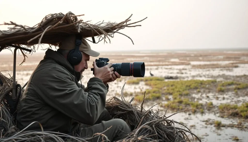 Wildlife photographer capturing images of birds at Lake Khanka from a camouflaged hide
