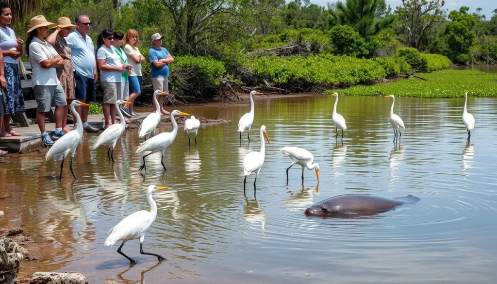 Wildlife viewing at DeSoto Site Historic State Park showing wading birds and possible manatee sighting Wildlife viewing at DeSoto Site Historic State Park showing wading birds and possible manatee sighting