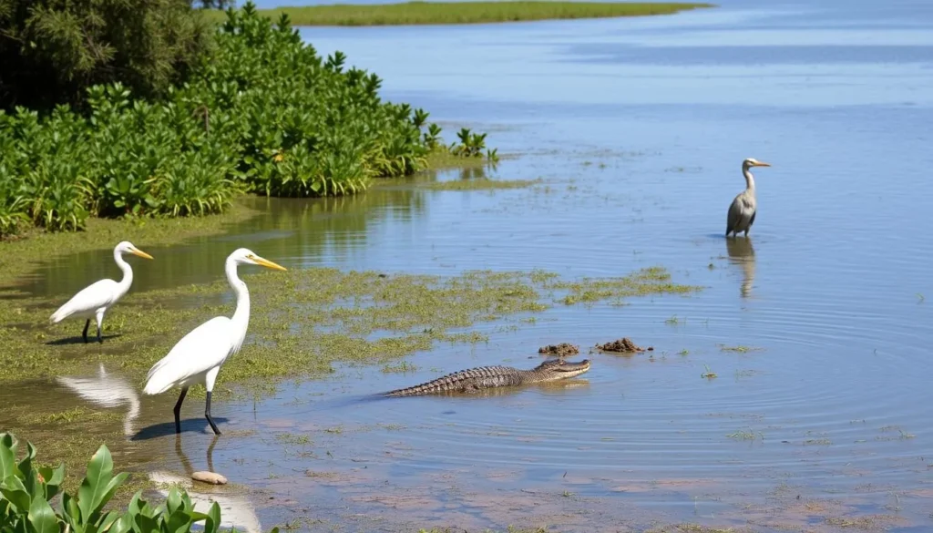 Wildlife viewing at Lake Griffin State Park showing wading birds and alligator