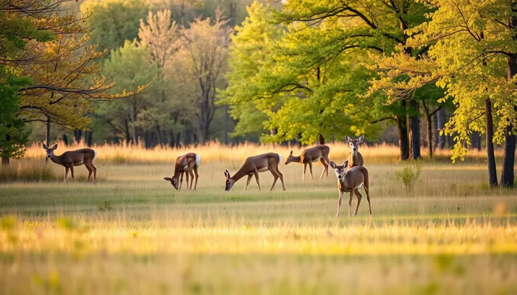 Wildlife viewing at Lost Maples with white-tailed deer grazing in a meadow surrounded by maple trees