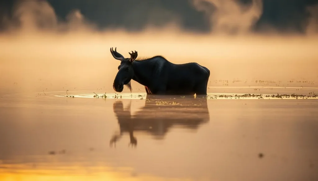 Wildlife viewing in Killarney Provincial Park - a moose wading in a misty lake at sunrise - unique things to do in Killarney, Ontario