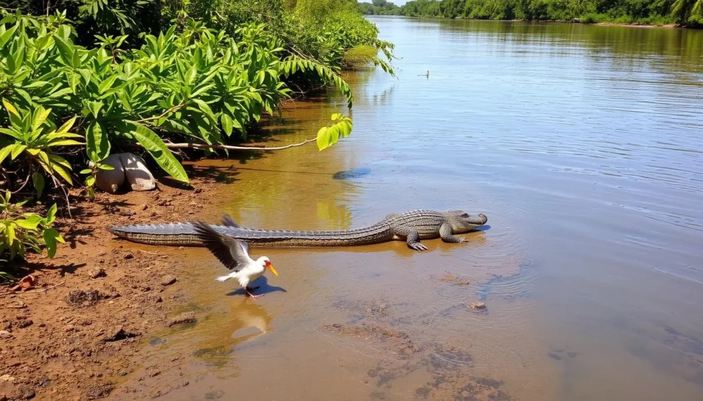 Wildlife viewing on the New River, showing crocodiles and tropical birds in their natural habitat near Orange Walk, Belize Wildlife viewing on the New River, showing crocodiles and tropical birds in their natural habitat near Orange Walk, Belize