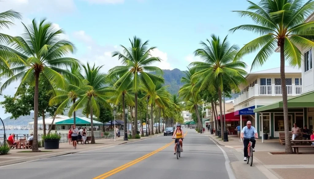 Williams Esplanade in Palm Cove with palm trees, shops, and restaurants along the beachfront