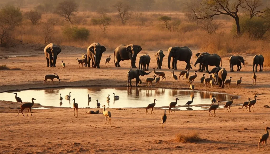 Wilpattu National Park during dry season showing wildlife gathered around a shrinking water hole