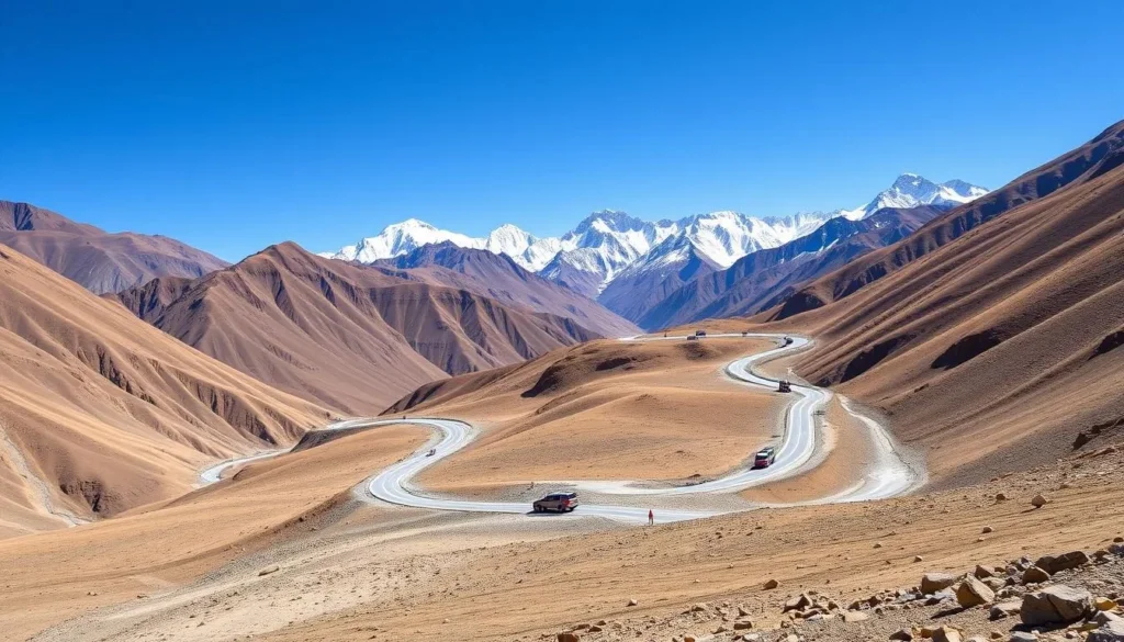 Winding mountain road in Ladakh with colorful tourist vehicles traversing dramatic landscapes with snow-capped peaks in the background