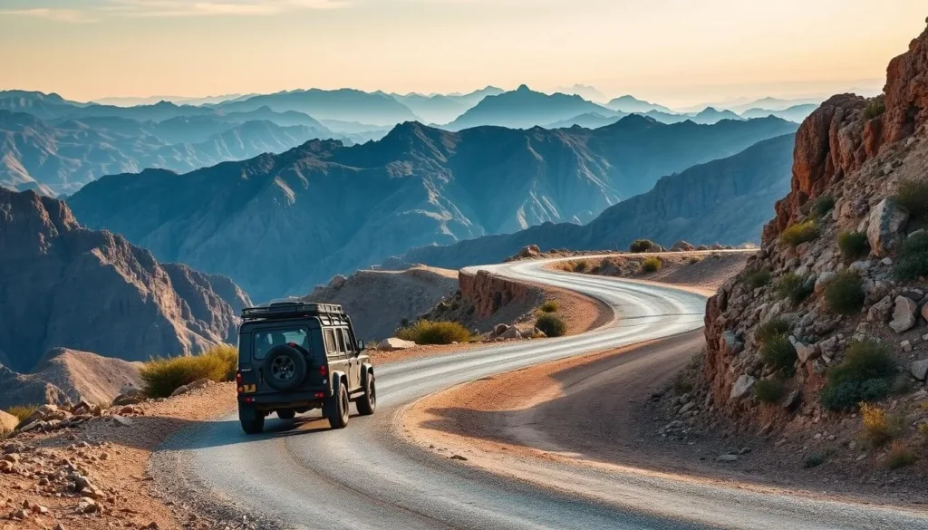 Winding mountain road leading to Haut Atlas Oriental National Park with a 4x4 vehicle navigating the terrain