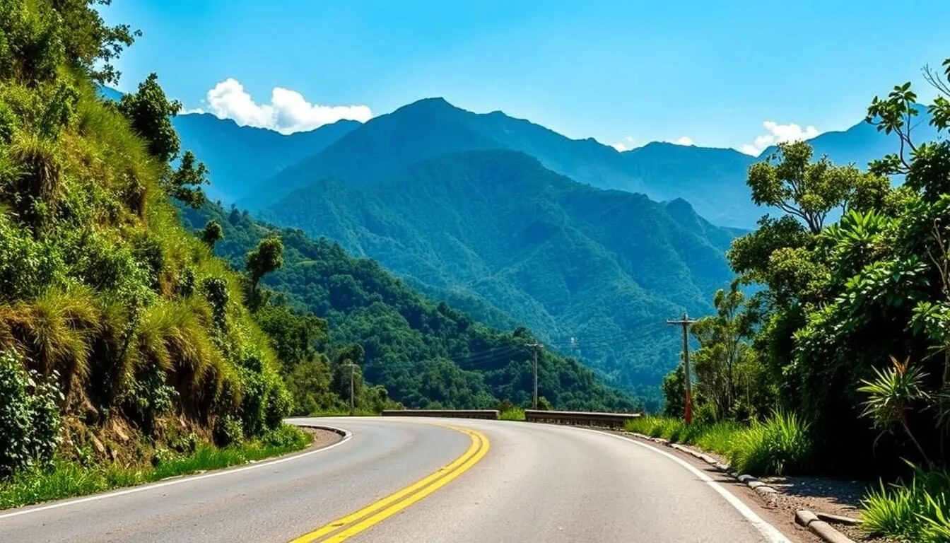Winding-mountain-road-leading-to-Minca-Colombia-with-lush-green-vegetation-on-both-sides Winding mountain road leading to Minca, Colombia with lush green vegetation on both sides