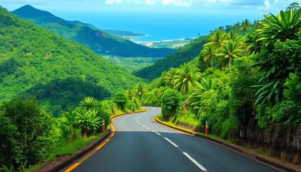 Winding mountain road leading to Singaraja with lush green scenery and distant ocean views