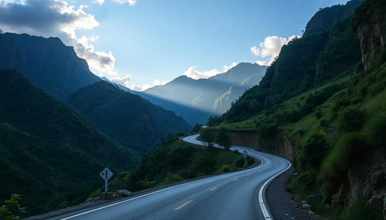 Winding mountain road leading to Xam Neua, Laos with lush green mountains in the background