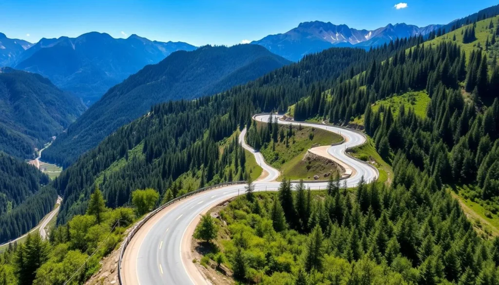 Winding mountain road through Thrumshingla National Park with stunning valley views