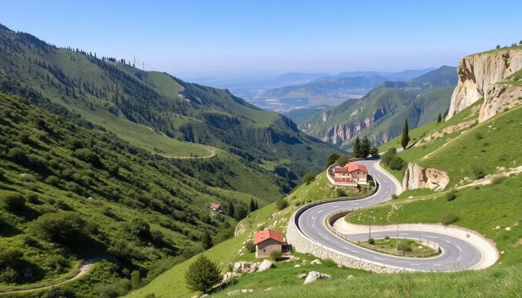 Winding mountain road through the Chouf region of Lebanon with cedar trees and valley views