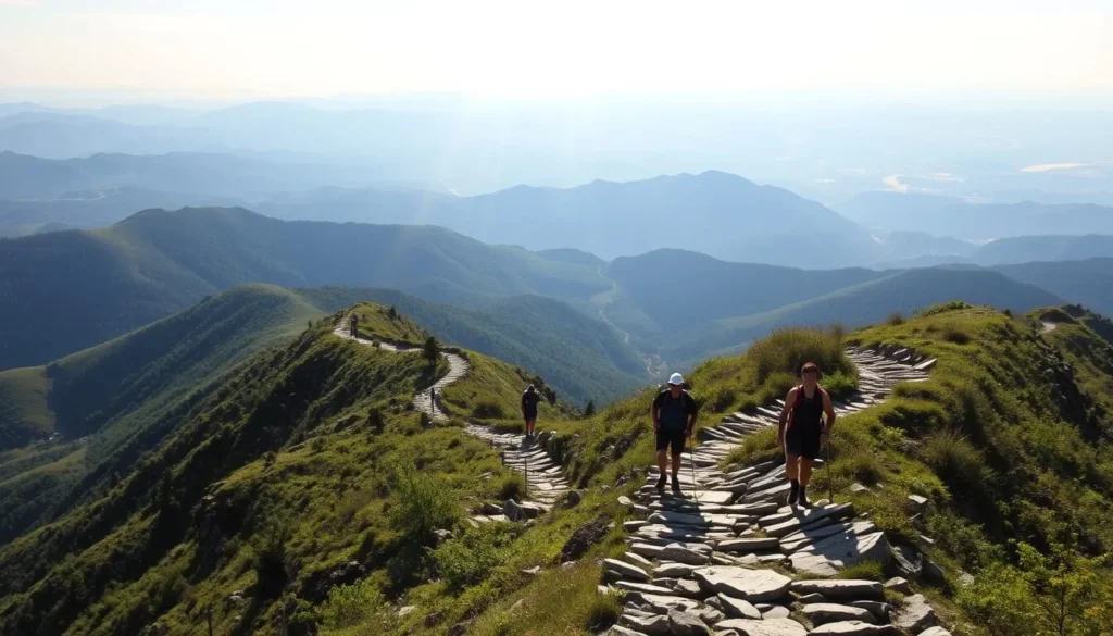 Winding mountain trails with sweeping vistas of rolling hills and distant peaks. Sunlight filters through verdant foliage, casting a warm glow across the rocky path. Hikers traverse the scenic route, their silhouettes providing a sense of scale and exploration. In the background, a panoramic landscape unfolds, showcasing the natural beauty of the Piatra Craiului National Park. The scene evokes a sense of tranquility and adventure, inviting the viewer to immerse themselves in the scenic detours of this picturesque region.