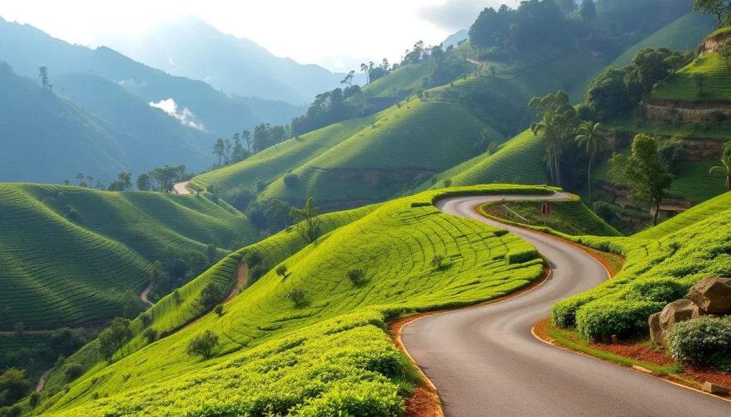 Winding road leading to the Knuckles Mountain Range through tea plantations