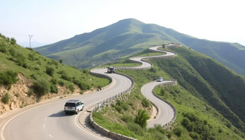 Winding road leading up to Mount Tabor with tour vehicles ascending