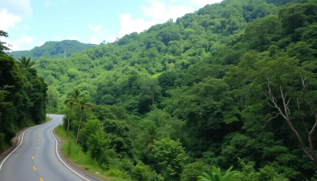 Winding road through El Yunque Rainforest with dense vegetation on both sides