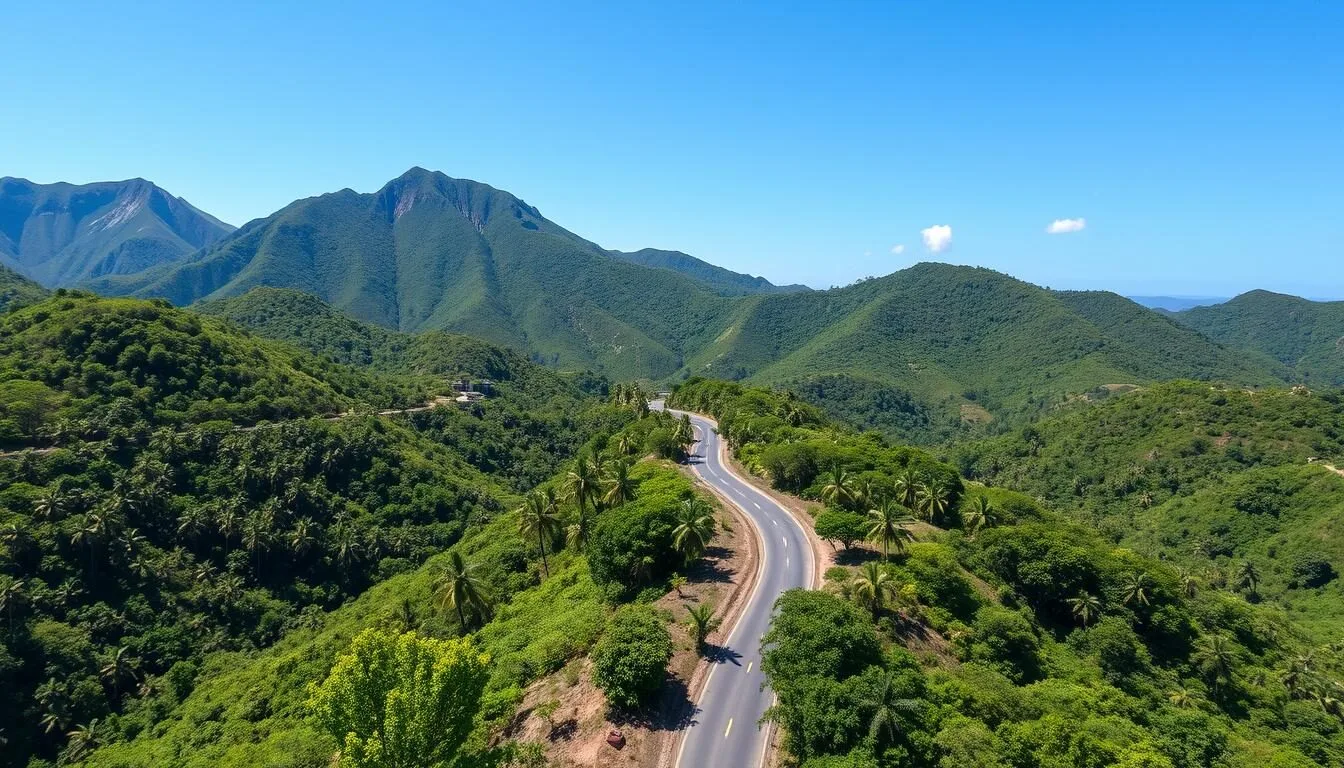 Winding-road-through-the-lush-green-mountains-leading-to-Las-Terrazas-Cuba Winding road through the lush green mountains leading to Las Terrazas, Cuba