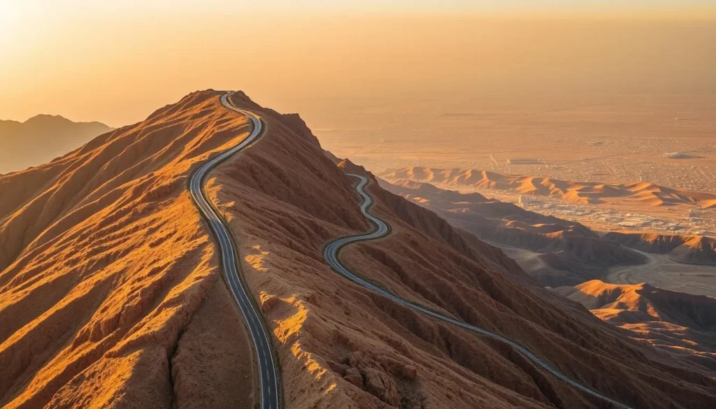 Winding road up Jebel Hafeet mountain with panoramic views of Al Ain city and desert