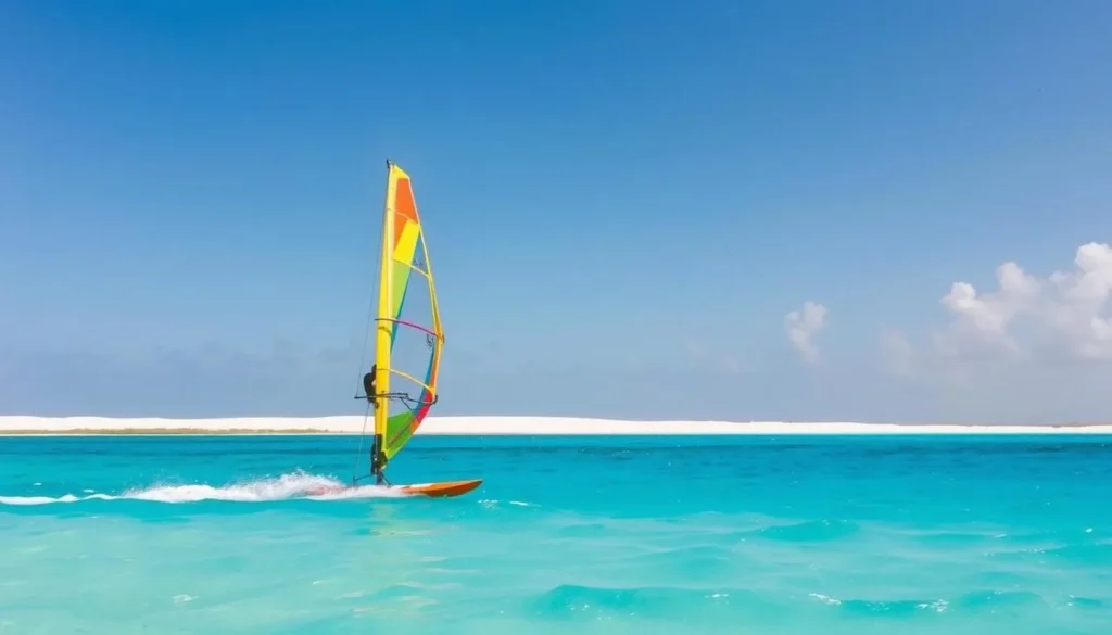 Windsurfer at Fisherman's Huts near Arashi Beach with colorful sail