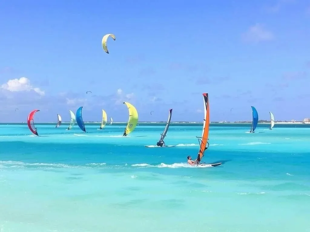 Windsurfers and kiteboarders enjoying the trade winds at Malmok Beach, Aruba